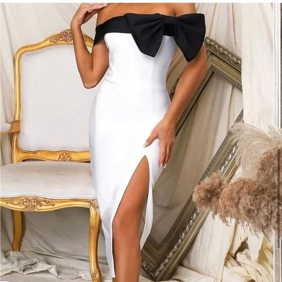 Two Tone Off Shoulder Bow Front Split Thigh Bandage midi Dress - Picture 3 of 3